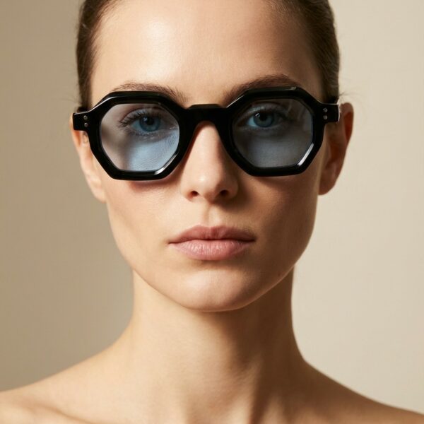 Den μαύρο γυαλί ηλίου με γαλάζιο διάφανο φακό