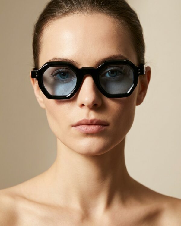 Den μαύρο γυαλί ηλίου με γαλάζιο διάφανο φακό