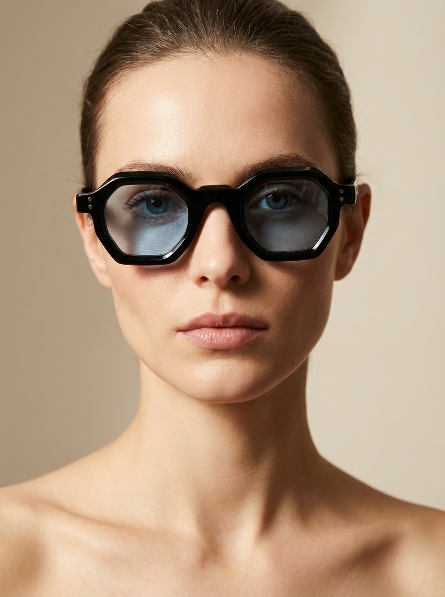 Den μαύρο γυαλί ηλίου με γαλάζιο διάφανο φακό