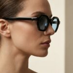 Den μαύρο γυαλί ηλίου με γαλάζιο διάφανο φακό