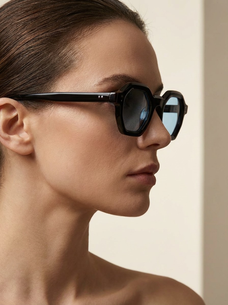 Den μαύρο γυαλί ηλίου με γαλάζιο διάφανο φακό